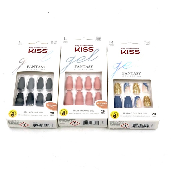 Lot of 5 KISS gel voguish long/medium press on nails pink gold blue glitter - Picture 2 of 3